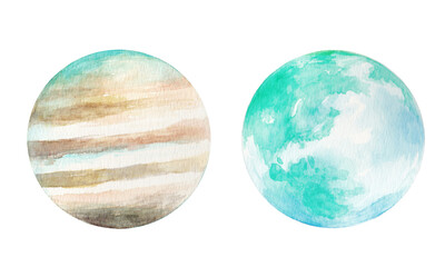 水彩で描いた木星と地球のイラスト　挿絵　背景イラスト　惑星