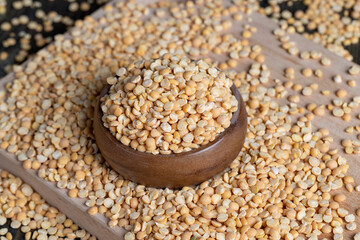 Raw, dry and not cooked porridge of peas on the table