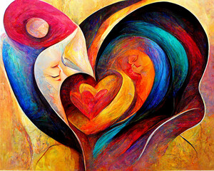 Colorful Love and Heart Background, Abstract Art Painting of Mother and Child Love, Kids and Mother Abstract Painting