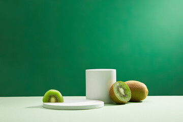 Turquoise Background with kiwi fruit and kiwi pieces and white podium in . Production of cosmetics based on kiwi. Blank space for advertising.