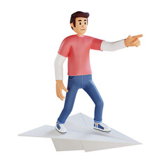 Fototapeta na wymiar Young man standing on a giant paper plane 3d character illustration