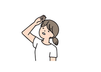 空を見上げて手で日差しを避ける女性　シンプルな線の人物イラスト