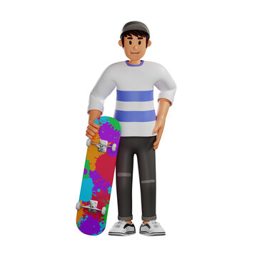 Young man in hat holding a skateboard 3d character illustration