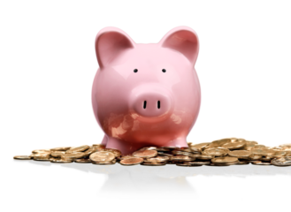 Piggy bank surrounded by coins - isolated image