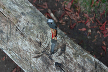 knife stuck in wood at forest