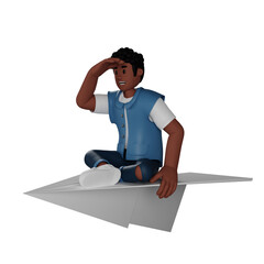 Curly haired young man sitting on a giant paper plane 3d character illustration