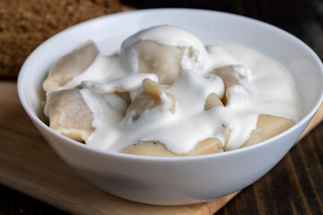 Cooked dumplings made of dough with meat inside