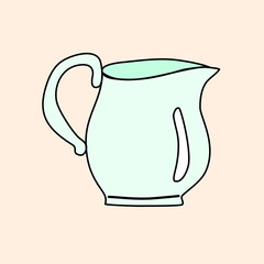 Porcelain jug, pitcher, coffee or tea creamer or milk pot with handle, doodle style flat vector