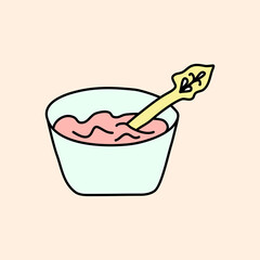 Bowl with strawberry or raspberry jam or marmalade and spoon, doodle style flat vector