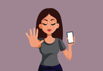Naklejka premium Mother Holding a Smartphone Refusing Screen Time Vector Illustration. Parent using authoritarian style punishing and grounding taking phone away 