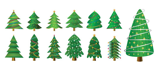 set of green christmas tree elements for xmas decoration design