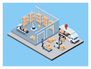 3D isometric logistics Warehouse Work Process Concept with Transportation operation service, Export, Import, Cargo, Forklif, Delivery Truck. Vector illustration EPS 10