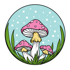 mushrooms in the grass in blue background