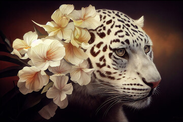 Nahaufnahmeportrait eines afrikanischen Leoparden in den tropischen Blumen und in den Blättern. Malerisches Porträt Tier der wild lebenden Tiere. Digitale Illustration © Viks_jin