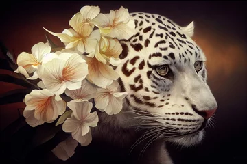 Nahaufnahmeportrait eines afrikanischen Leoparden in den tropischen Blumen und in den Blättern. Malerisches Porträt Tier der wild lebenden Tiere. Digitale Illustration © Viks_jin