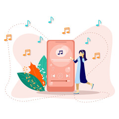 A woman is listening to music using her cell phone. listen to music with a headset. relaxed. music templates. poster. website. vector illustration design