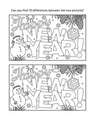 Happy New Year greeting find the ten differences picture puzzle and coloring page with greeting text, winter scene, happy snowmen and smiling snowflake

