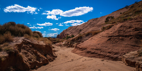 Arroyo, wash, dry creek, stream bed, or gulch, between the slanted red rock hills and sand bank...
