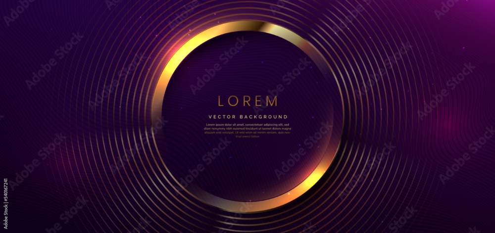 Poster 3d gold circle lines overlapping on dark purple background with lighting effect and space for text.