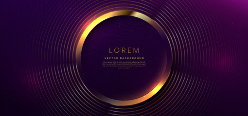 3D gold circle lines overlapping on dark purple background with lighting effect and space for text.