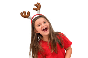 Child girl with deer antlers isolated