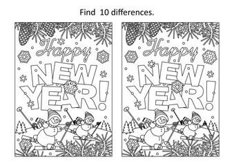 Happy New Year greeting find the ten differences picture puzzle and coloring page with greeting text, winter scene, skiing snowmen
