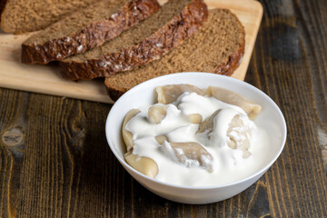 Cooked dumplings made of dough with meat inside