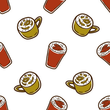 hot coffee latte in glass and cup as seamless pattern for print and fashion or wallpaper
