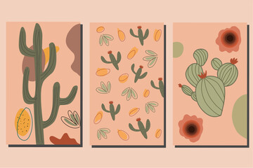 A set of abstract contemporary aesthetic background with a cactus theme suitable for wall decor, binder coverings, decorations, wallpapers. Cactus decoration.