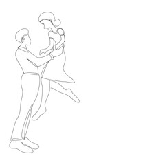 Side view of young groom holding bride who pop legs in single line drawing style.Romantic couple holding and smiling  continue line.Vector illustration isolate flat design concept of Valentine’s Day.