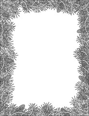 Fir or pine tree branches spruce and cones frame, black and white, vertical layout
