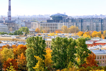 Obraz premium Autumn trees in urban area. The roofs of residential and industrial buildings are buried in the crowns of multi-colored foliage.