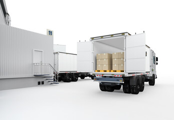 Logistic trailer truck or lorry fully loading cardboard boxes