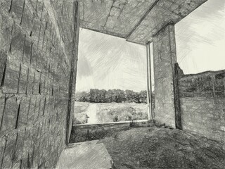 black and white of abandoned home