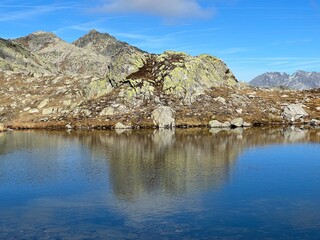 Early autumn on the alpine lakes Laghi della Valletta in the mountainous area of the St. Gotthard Pass (Gotthardpass), Airolo - Canton of Ticino (Tessin), Switzerland (Schweiz)