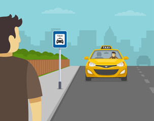 Young male character is waiting for city taxi. Back view of a passenger at taxi zone. Flat vector illustration template.
