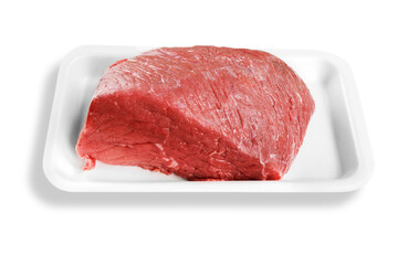 Fresh red meat packed in a poly bag. Isolated over white