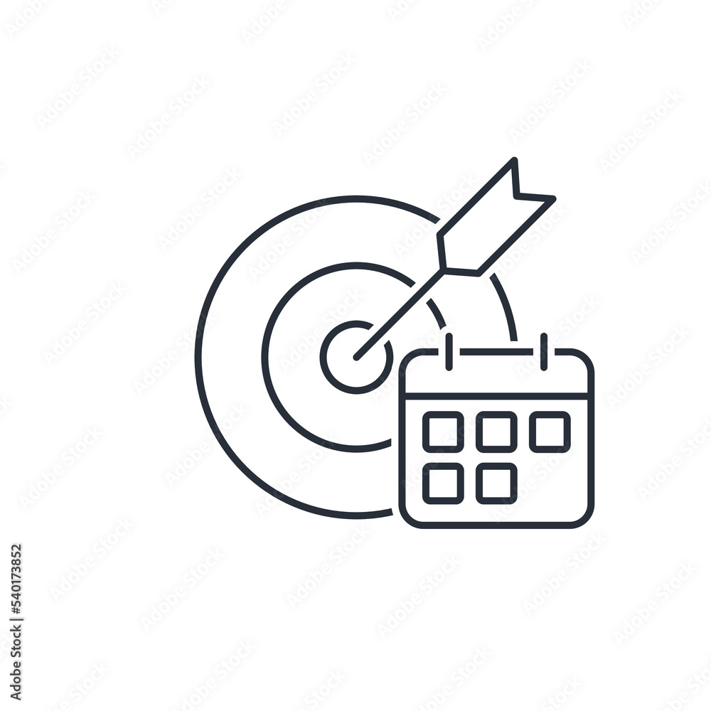 Poster calendar and target. development planning. vector linear icon isolated on white background.