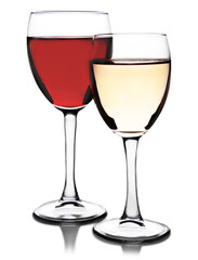 Glasses of red and white wine on white background