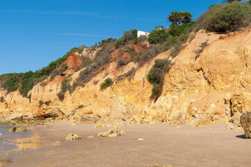 Maria Luisa beach with rock formation in Albufeira, Algarve, Portugal.