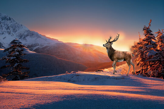 Red Deer Stag In Beautiful Alpen Glow Hitting Mountain Peaks.