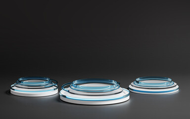 Three Blue Glass HUD Tech Futuristic Podium Dark 3D Render © natanaelginting
