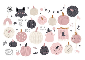 Boho Halloween - vector illustration in flat style. Autumn macrame, pumpkin, cute characters, spooky, decor elements. Cute scandinavian decor for children