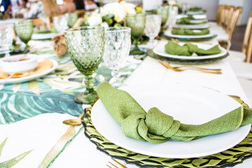Vajilla elegante para fiesta color verde, servilleta verde y copas verdes