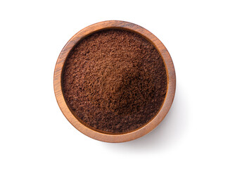 Ground roasted coffee beans in wooden bowl isolate on white background. Clipping path.