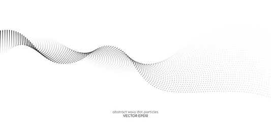 Flowing dots particles wave pattern halftone black gradient curve shape isolated on white background. Vector in concept of technology, science, music, modern.