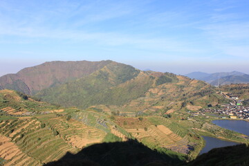 Obraz premium beautiful view of farmland from the top of the mountain