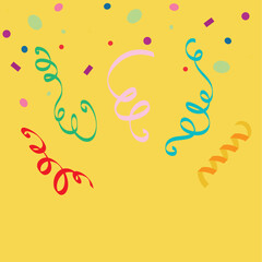 Hanging colorful streamers and falling confetti on yellow background  vector illustration
