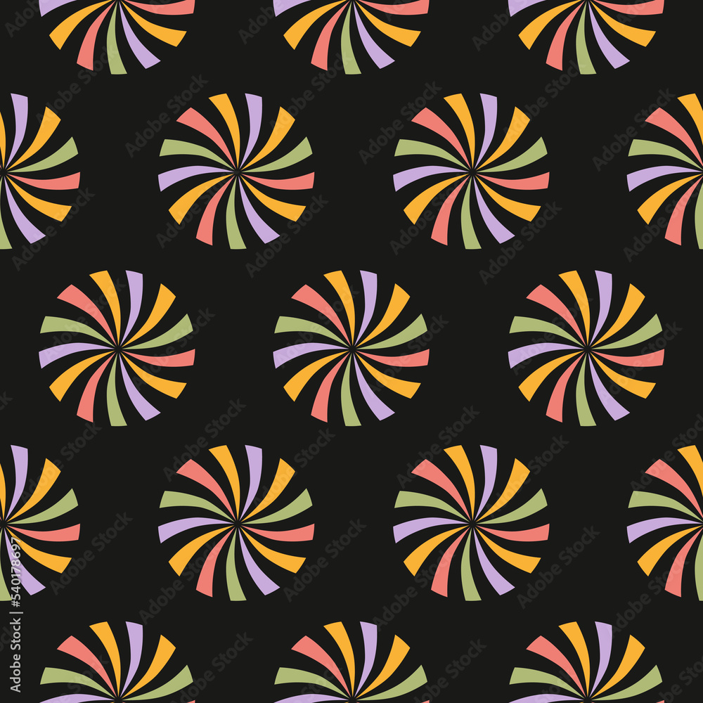 Poster Retro abstract seamless pattern with rainbow swirl sunburst in round shape. Trendy geometric background in style 60s, 70s. Vector illustration