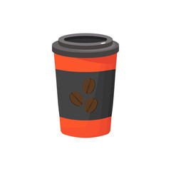 Orange cup of coffee PNG with coffee beans.